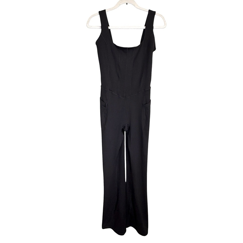 POPFLEX High Society Corset Jumpsuit Med 32" Tall Athleisure Flare Leg Black NEW - Picture 2 of 9